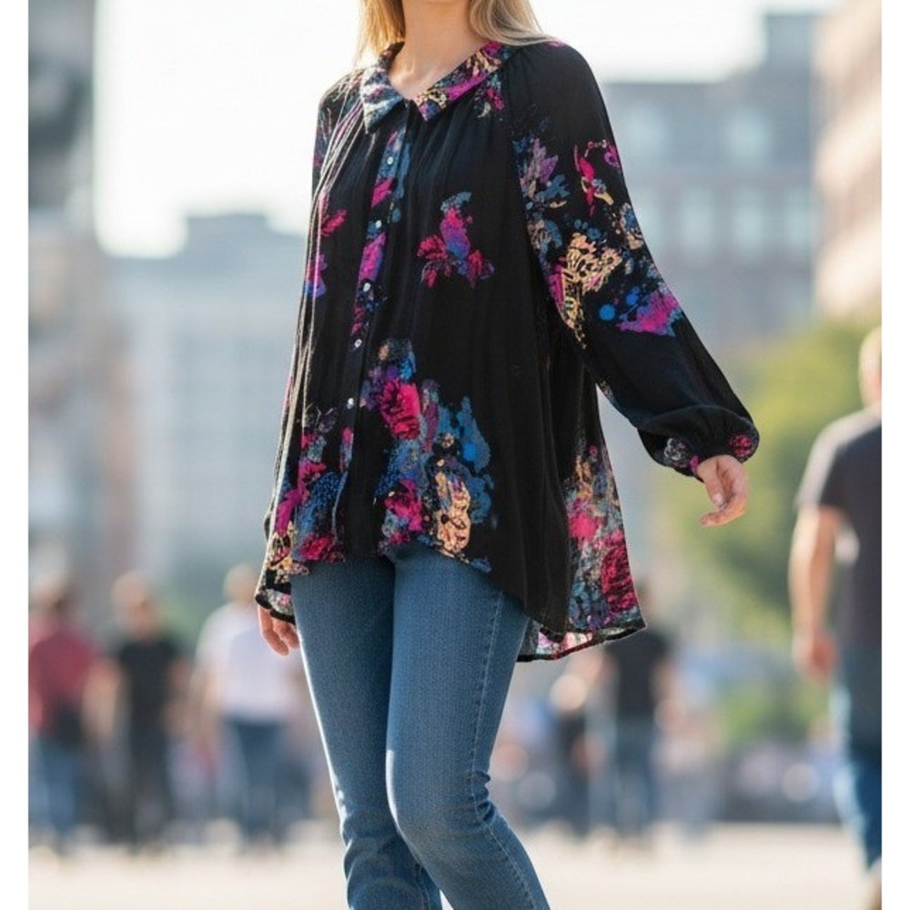 Free People Floral Button Down Tunic Top Black Pink Blue Abstract XS Bohemian